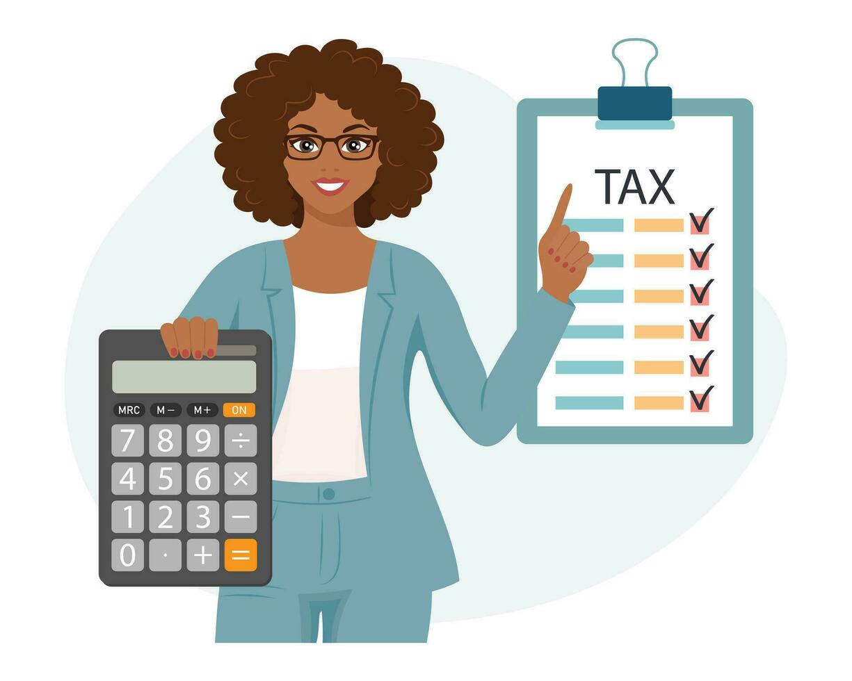 Woman with calculator and tax form. Tax payment concept. Financial tax accounting, audit or accounting services. Cartoon illustration. Vector