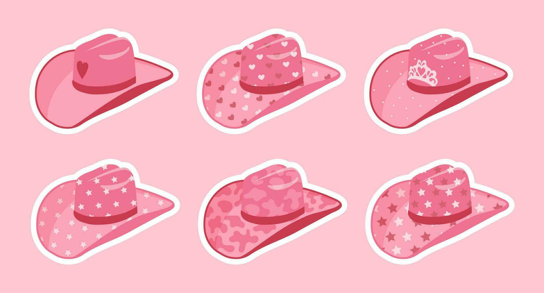 Set of stickers, pink cowgirl hats. Pink hats with hearts, stars, crown