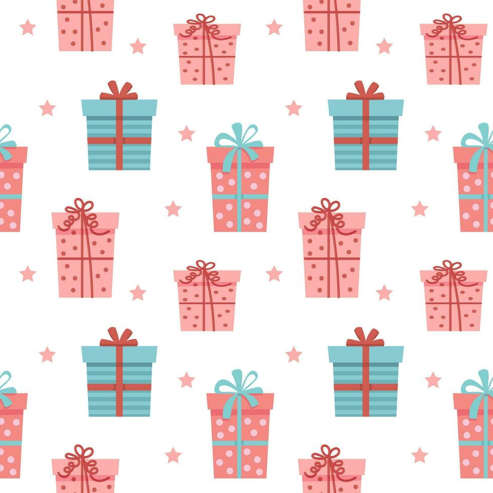 Seamless pattern, beautiful gift boxes with ribbons on a white background. Print, holiday packaging, vector