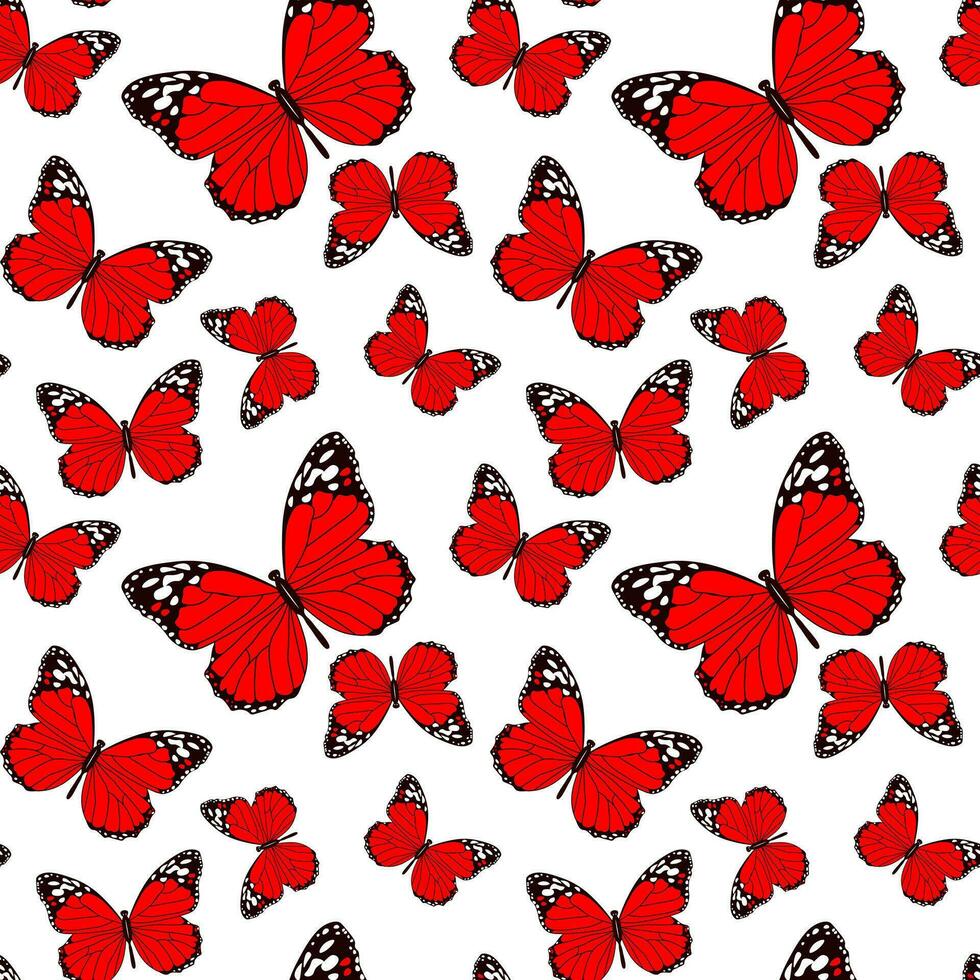 Seamless pattern, red butterflies with a black pattern on a white background. Print, background, textile, vector