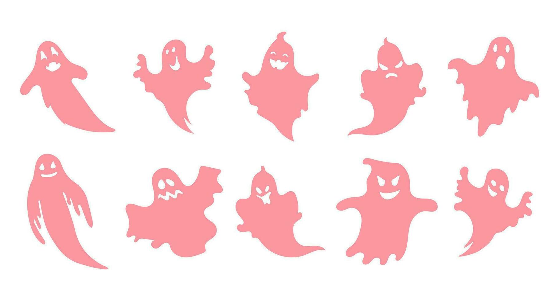 Set of pink ghost icons, halloween ghosts. Festive decor elements, vector