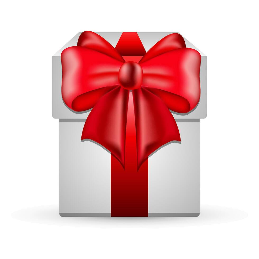 White box with a gift in a red ribbon. 3d illustration, postcard, vector