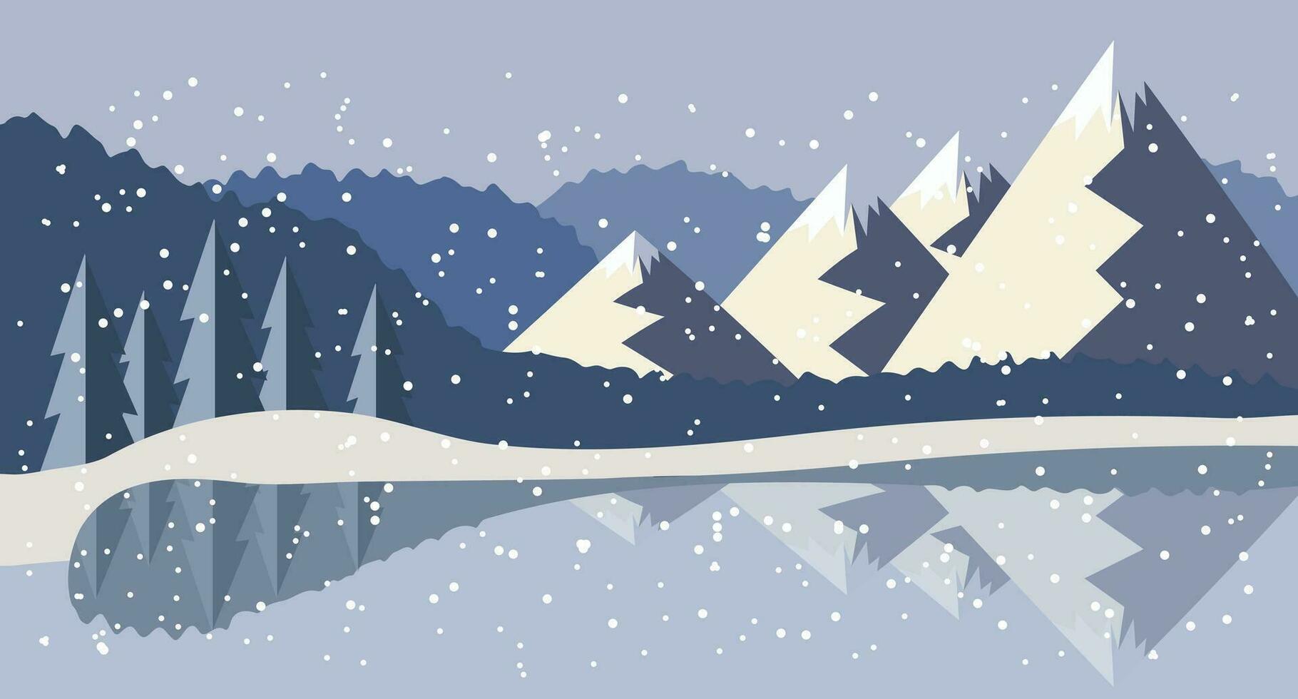 Winter mountain forest landscape. The beauty of the wild. Banner, background, illustration in flat style, vector