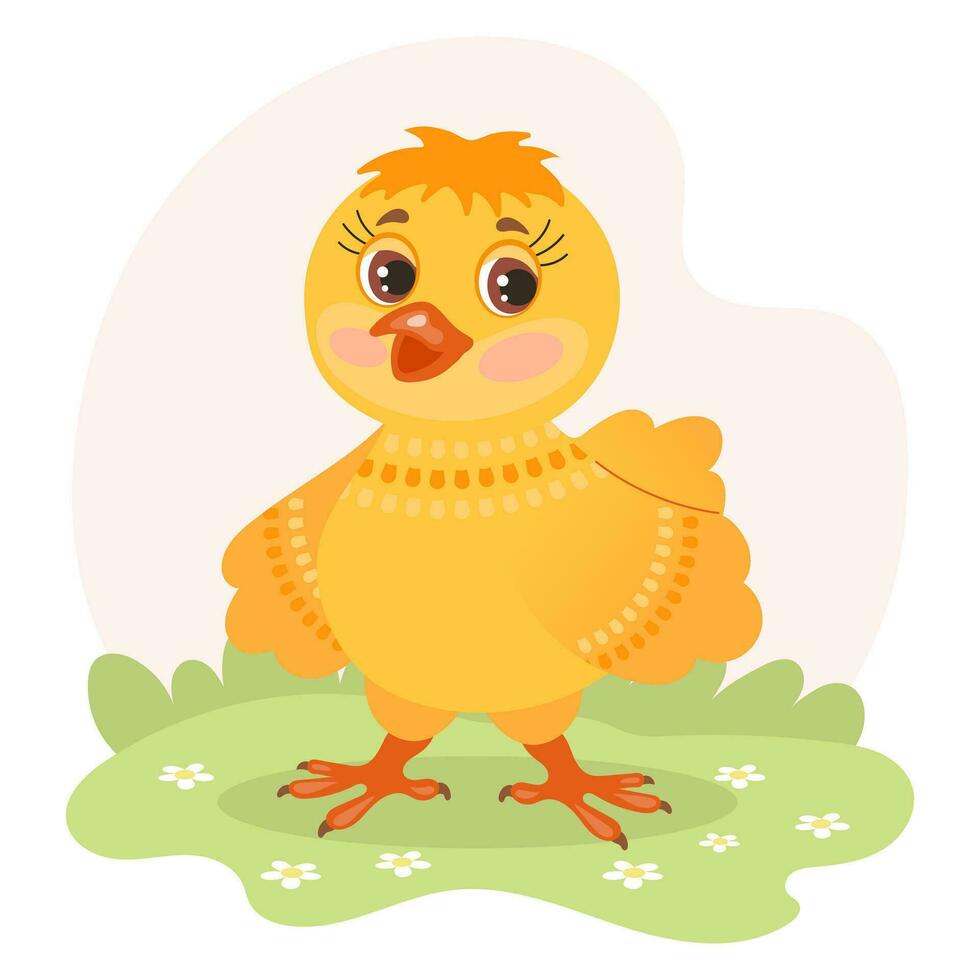 linda dibujos animados pequeño pollo en un prado con margarita flores ilustración en plano estilo. para niños imprimir, tarjeta postal. vector