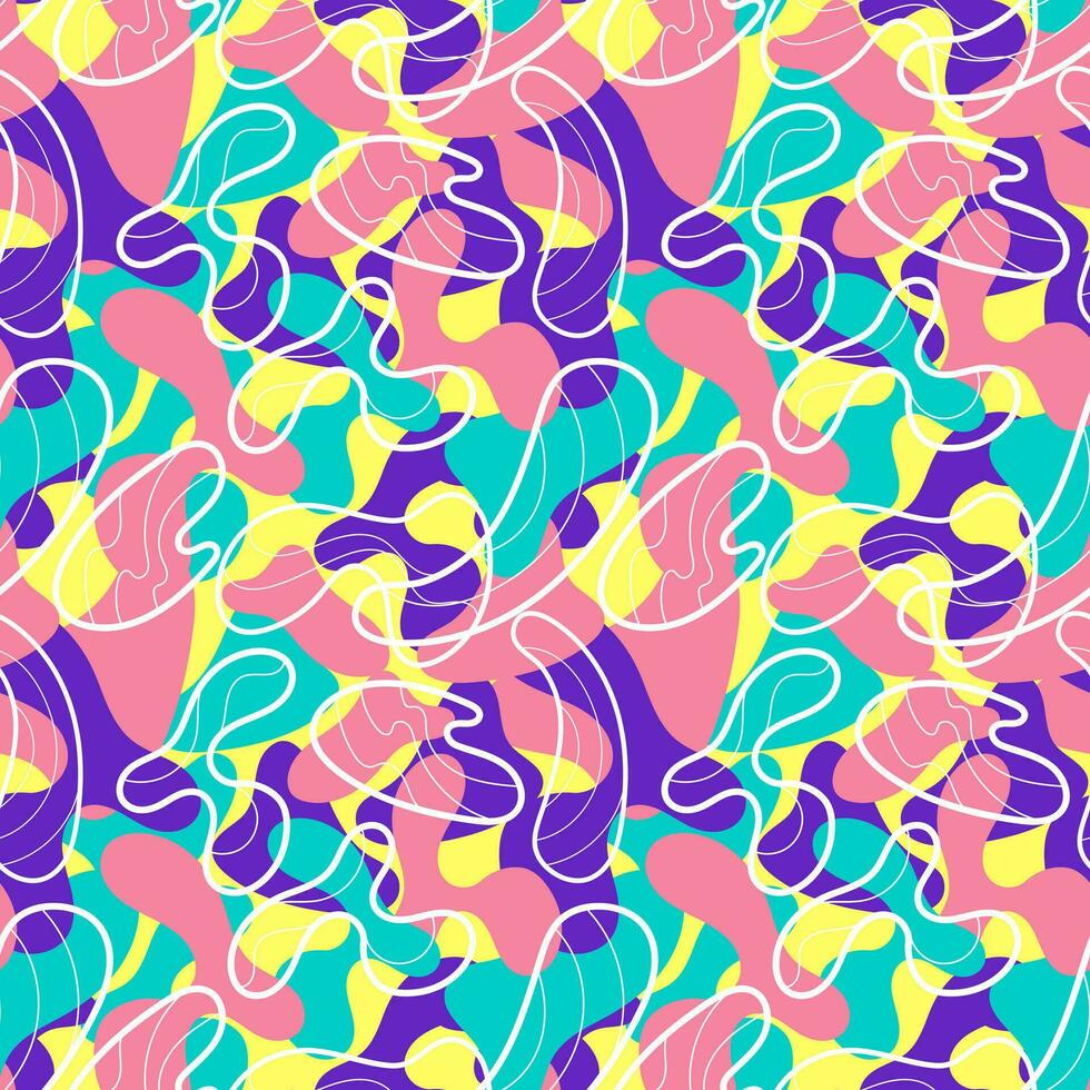 Multicolor abstract seamless pattern, vibrant shapes and geometric dot patterns. Trendy design 80s-90s Memphis style, ethnic hipster background. Vector