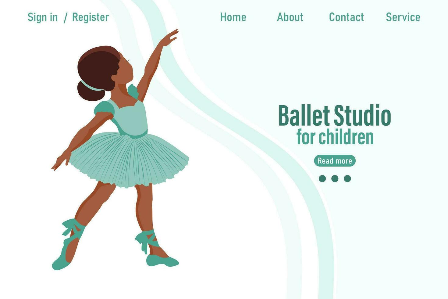 Dancing little girl ballerina on background with text Ballet studio for children. Banner, web illustration, poster, vector