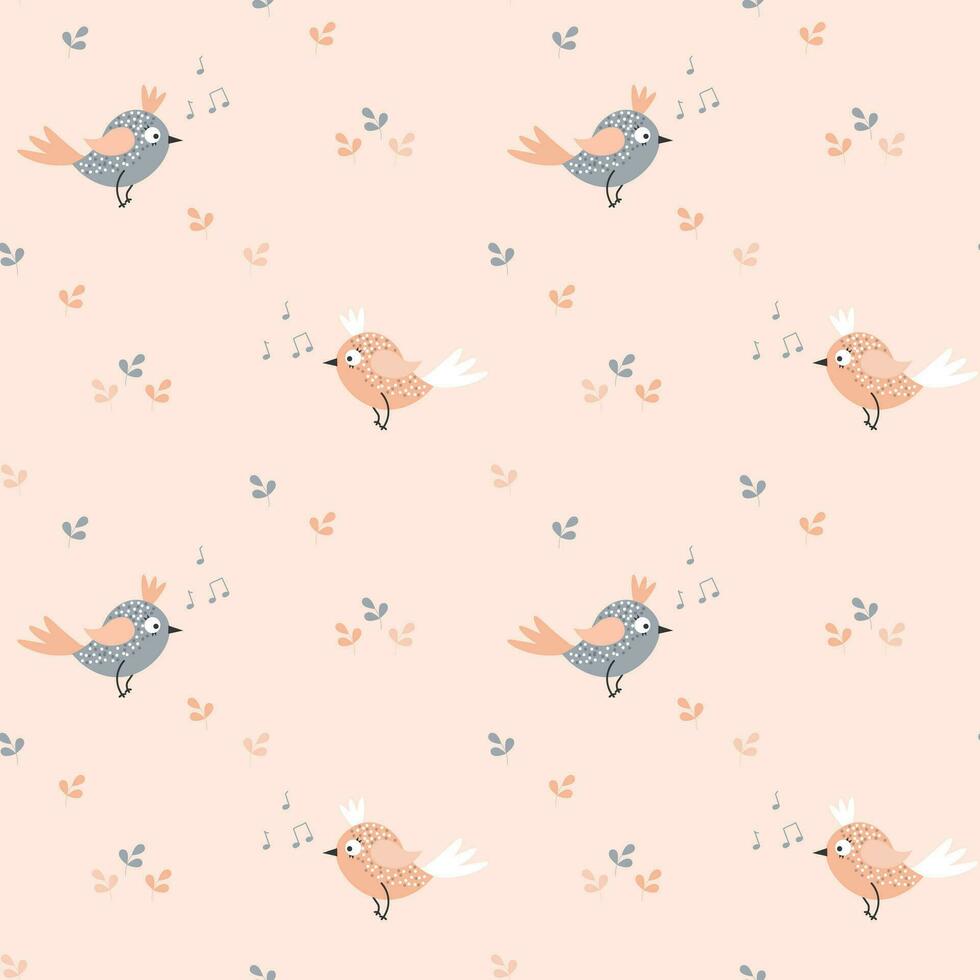 Seamless pattern, cute small gray birds on a pink background. Print, textile, vector