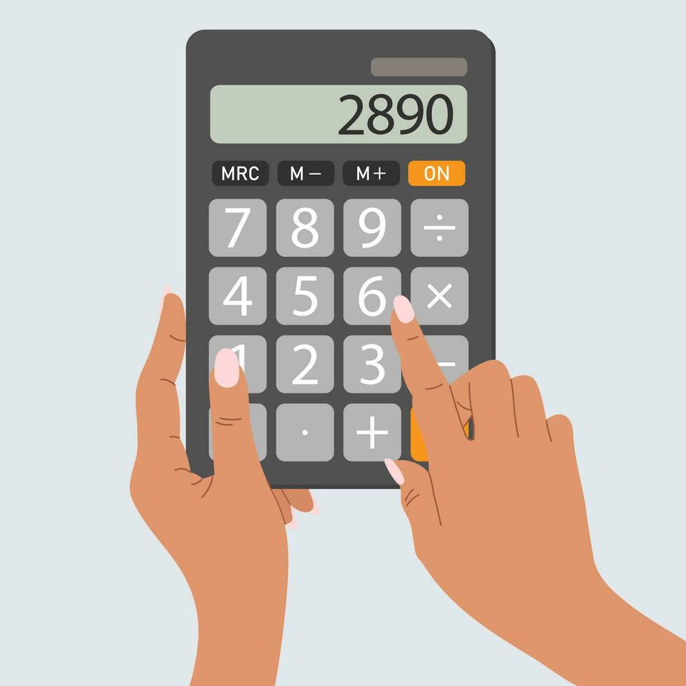 humano manos participación un realista bolsillo calculadora. teclado para negocio, finanzas, electrónico calculadora concepto. electrónico contando dispositivo. dibujos animados ilustración. vector