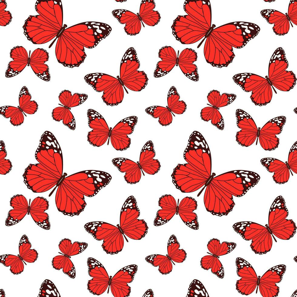 sin costura patrón, rojo mariposas con un negro modelo en un blanco antecedentes. imprimir, fondo, textil, vector