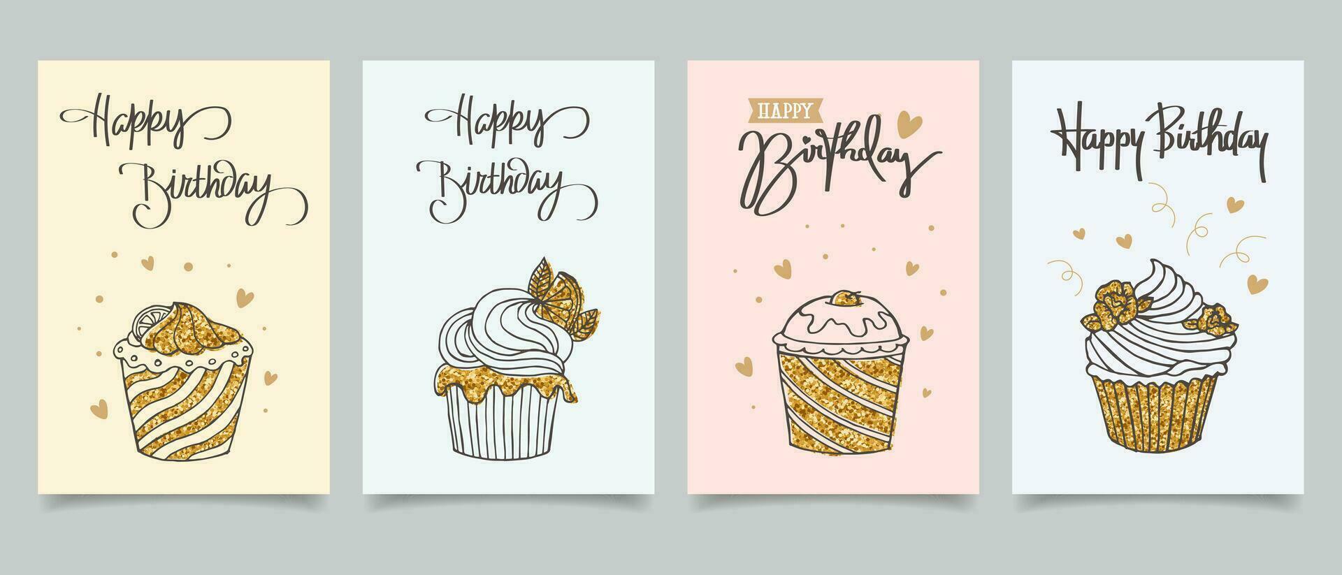 contento cumpleaños. conjunto de saludo tarjetas con pasteles, globos, regalos y fiesta sombreros con caligrafía. linda Felicidades plantillas en un sencillo estilo. vector