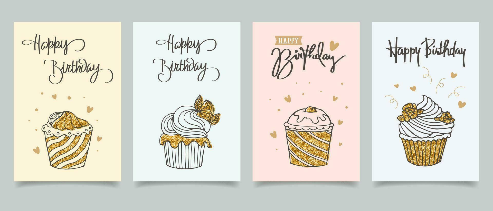 Happy birthday. Set of greeting cards with cakes, balloons, gifts and party hats with calligraphy. Cute congratulations templates in a simple style. Vector