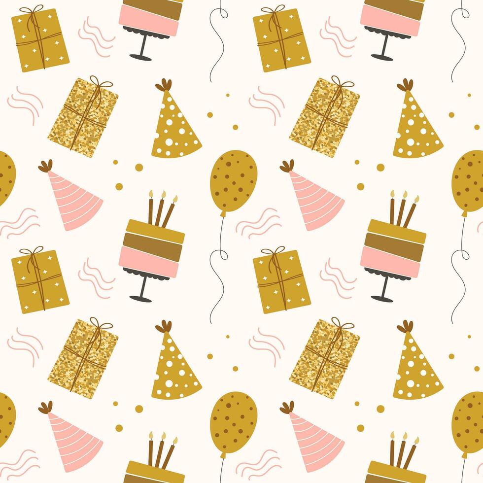 sin costura modelo contento cumpleaños. pasteles, globos, regalo cajas y fiesta sombreros. festivo antecedentes en sencillo estilo con dorado destellos, vector