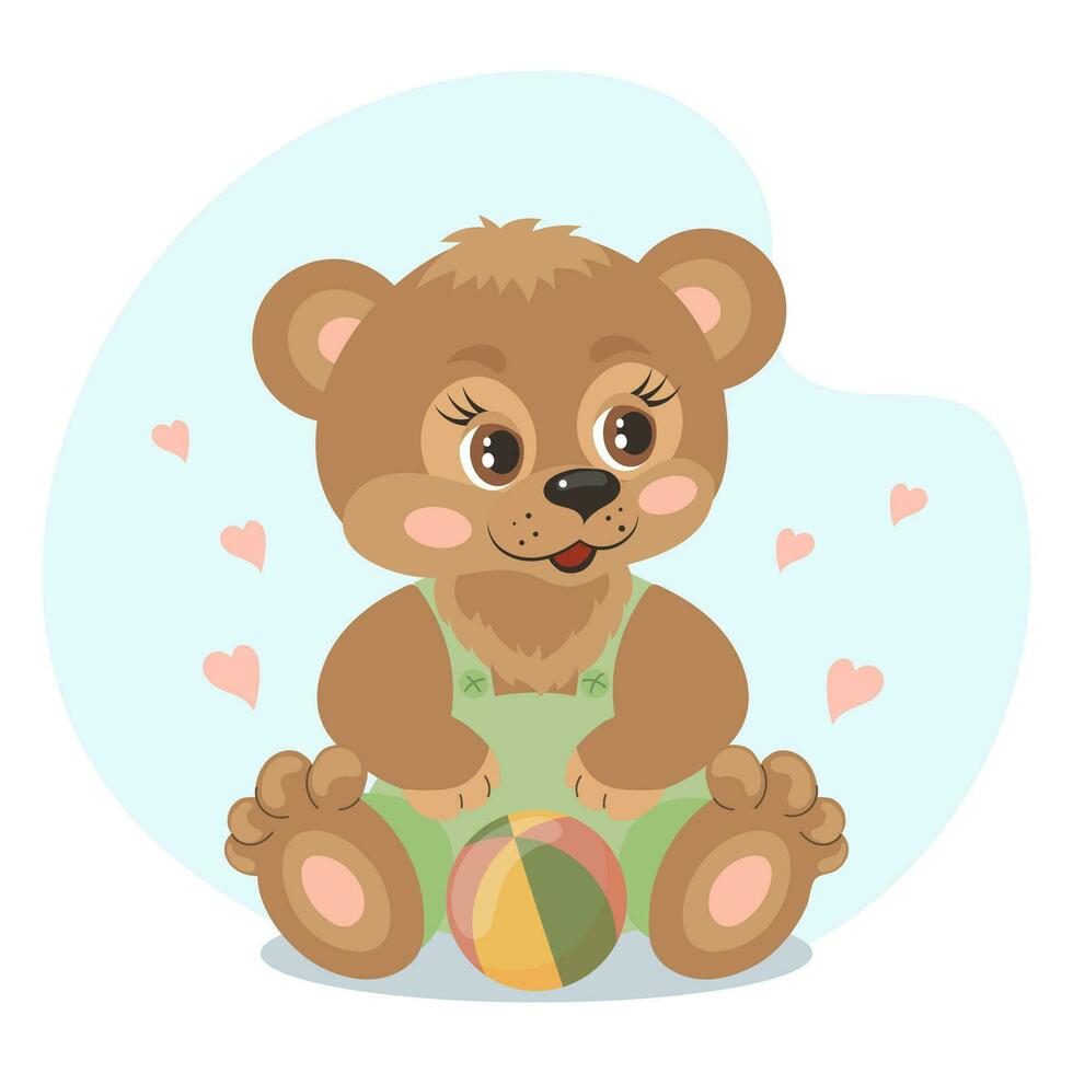 Cute cartoon baby teddy bear with a ball toy. Illustration in flat style. Children's card. Vector