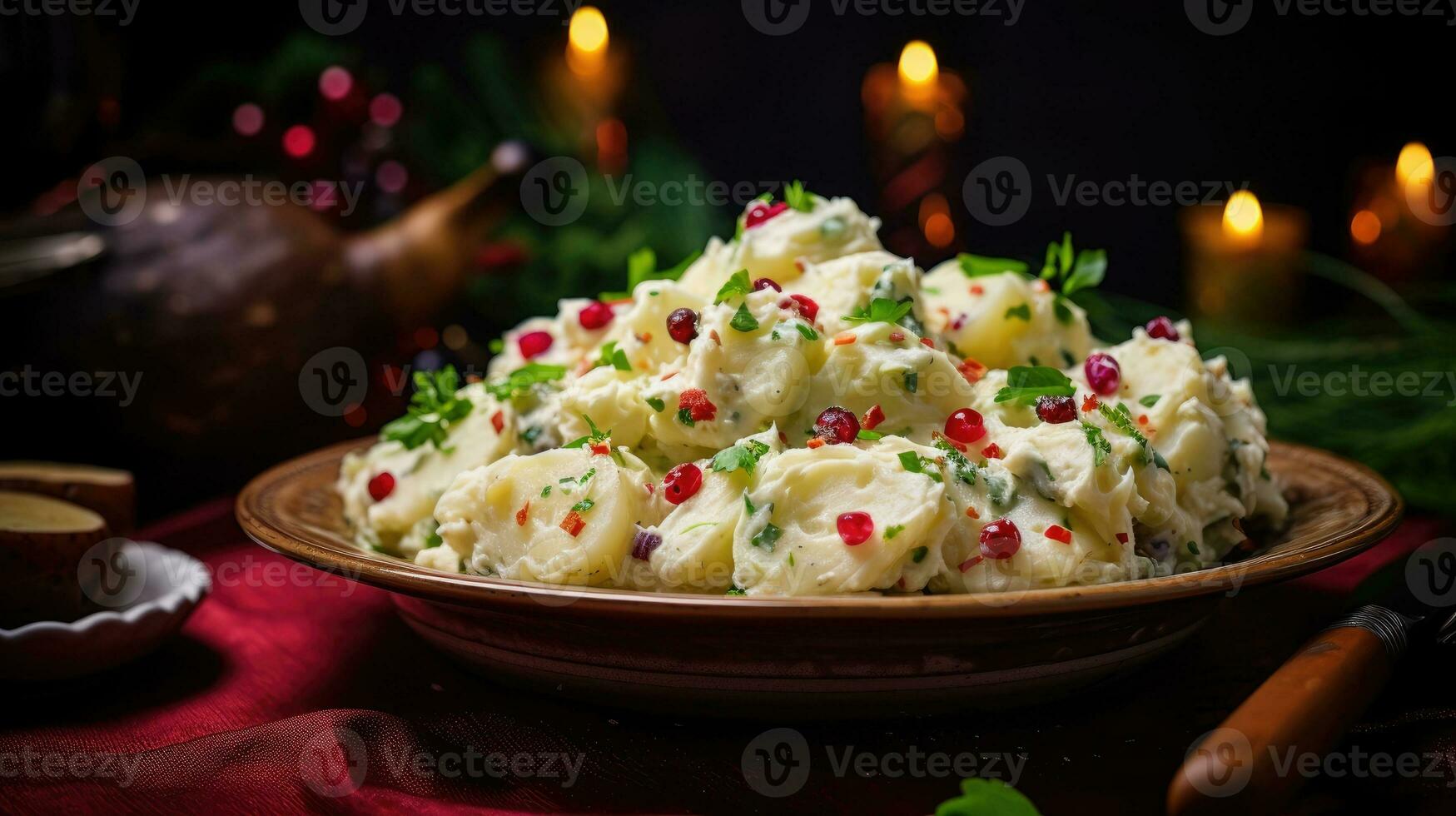 Christmas potato salad on a plate. Generative AI photo