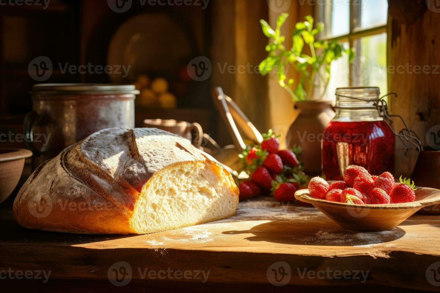 Homemade bread and strawberry jam. Generative AI photo