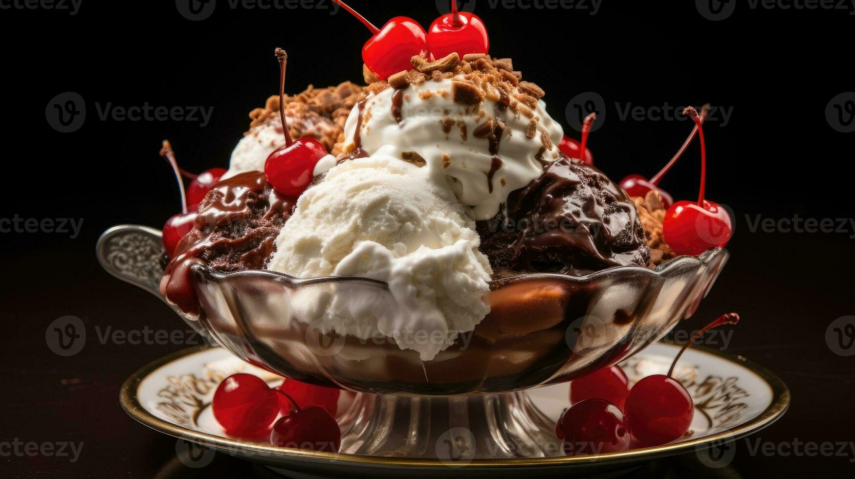 Ice cream with cherry in a bowl. Generative AI photo