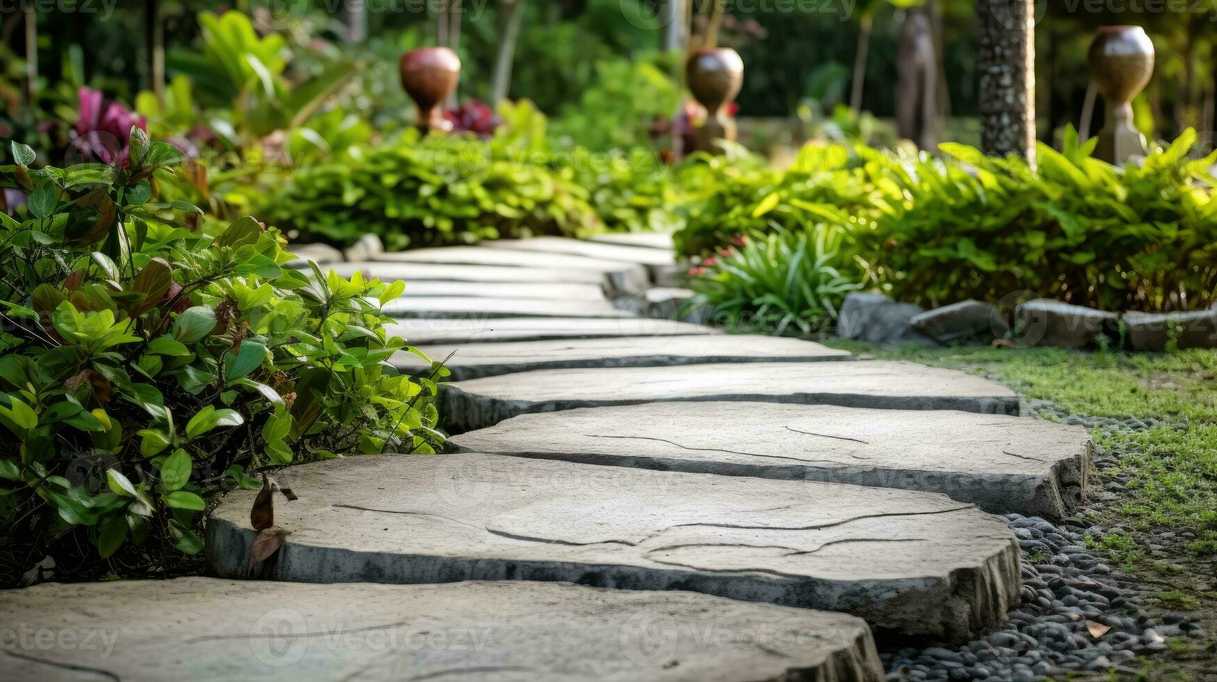 Concrete walk path in the garden close up. Generative AI photo