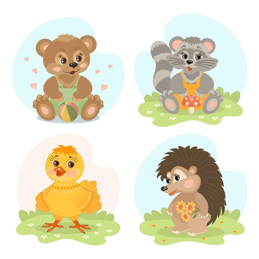 Set of cute cartoon little animal characters, giraffe, teddy bear, squirrel, chicken, duckling, raccoon, hedgehog, wolf, beaver. Illustrations in flat style. Children's print, postcard. Vector