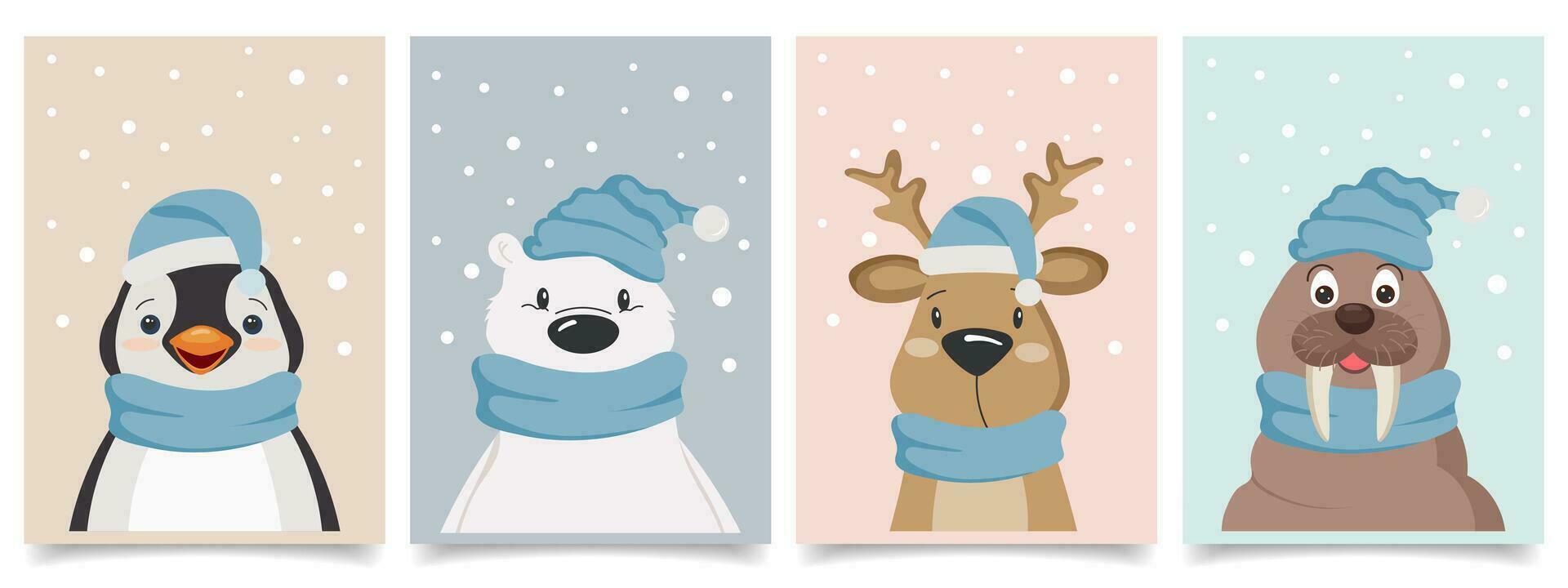 Set of four cute little kawaii cartoon arctic animals wearing scarves and hats in the snow. Polar bear, fawn, walrus, penguin. Posters or postcard designs. Vector