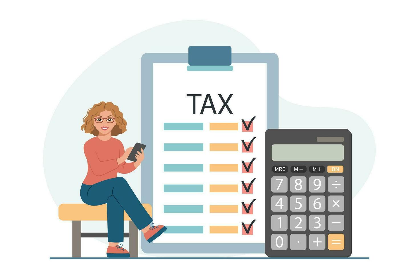 Woman with calculator and tax form. Tax payment concept. Financial tax accounting, audit or accounting services. Cartoon illustration. Vector