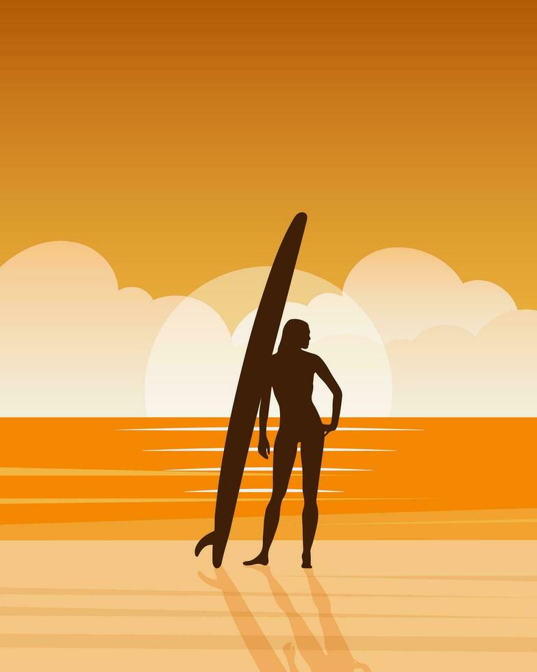 niña tablista en el costa con un tabla de surf en contra el fondo de un marina. al aire libre ocupaciones concepto, póster, vector