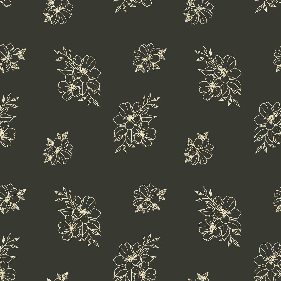 Seamless pattern, golden contour hibiscus flowers on a dark background. Print, floral background, textile. Vector