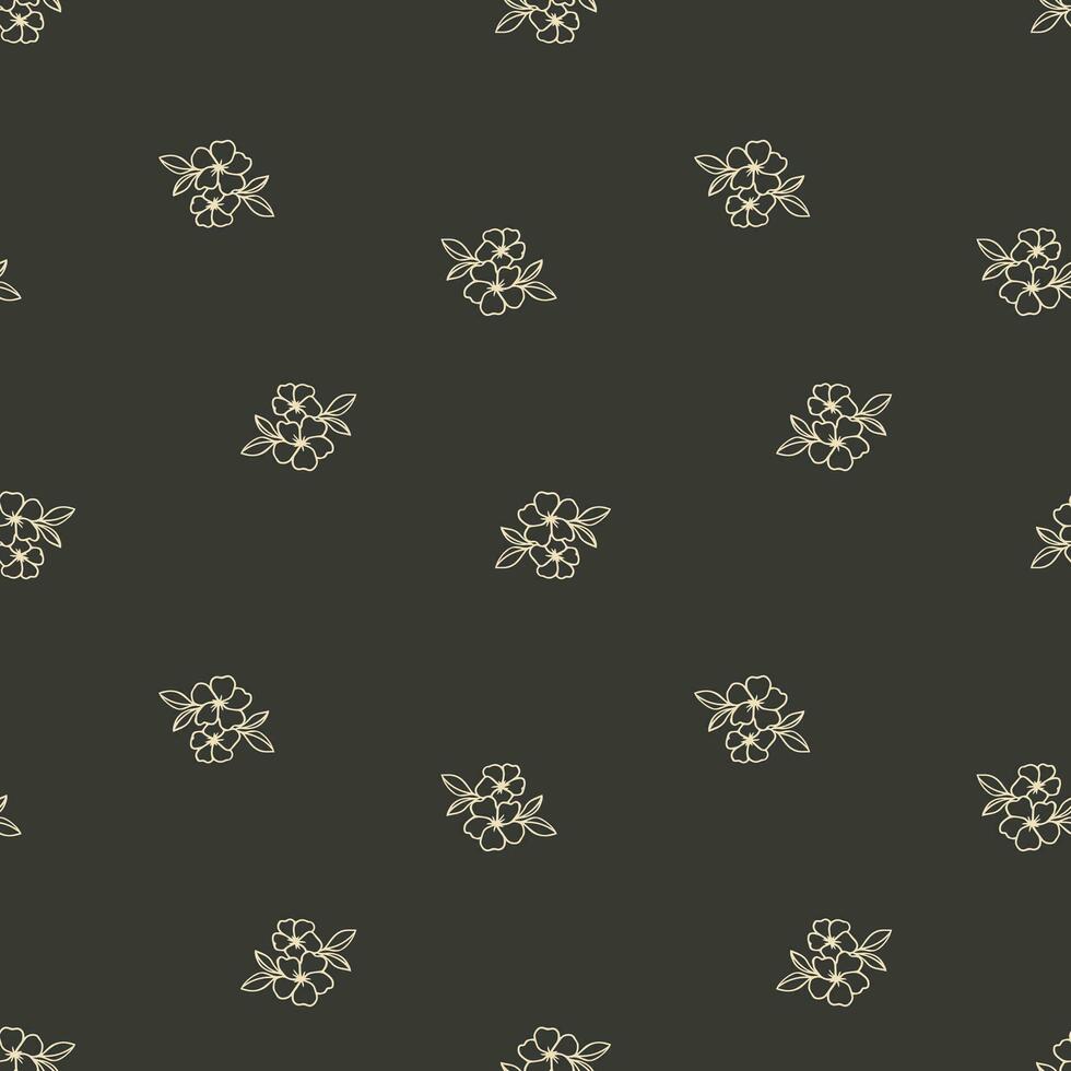 Seamless pattern, golden contour hibiscus flowers on a dark background. Print, floral background, textile. Vector