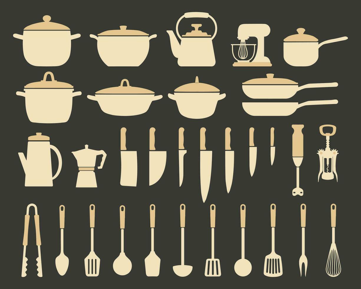 grande conjunto de cocina utensilios, silueta. ollas, fritura sartenes, cucharón, pava, café fabricante, mezclador, licuadora, cuchillos iconos, vector