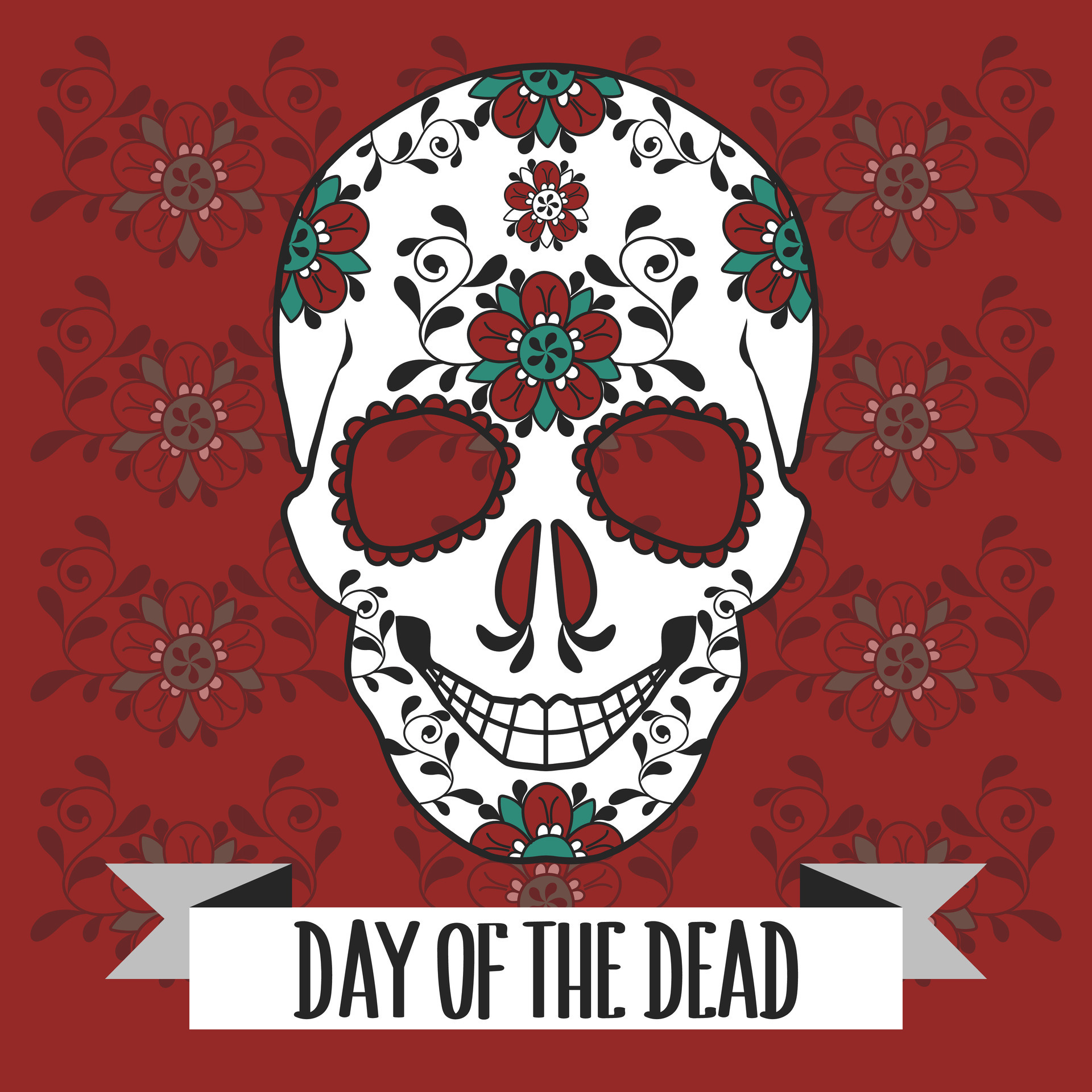 Mexican Day of the Dead illustration with Death Mask Skull with flowers