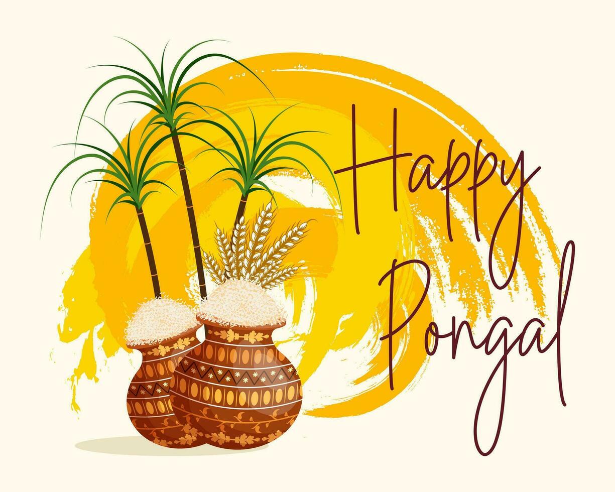 Festive Happy Pongal grunge background with sugar cane and pot of rice. Hindu harvest festival. Illustration, vector