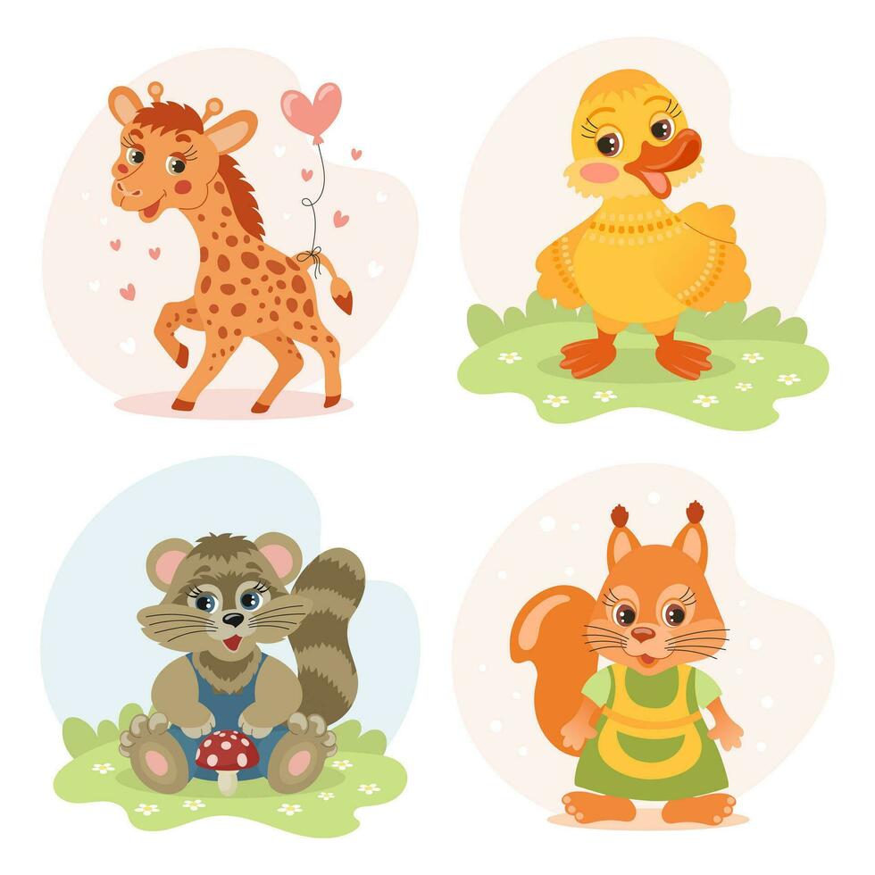 Set of cute cartoon little animal characters, giraffe, teddy bear, squirrel, chicken, duckling, raccoon, hedgehog, wolf, beaver. Illustrations in flat style. Children's print, postcard. Vector