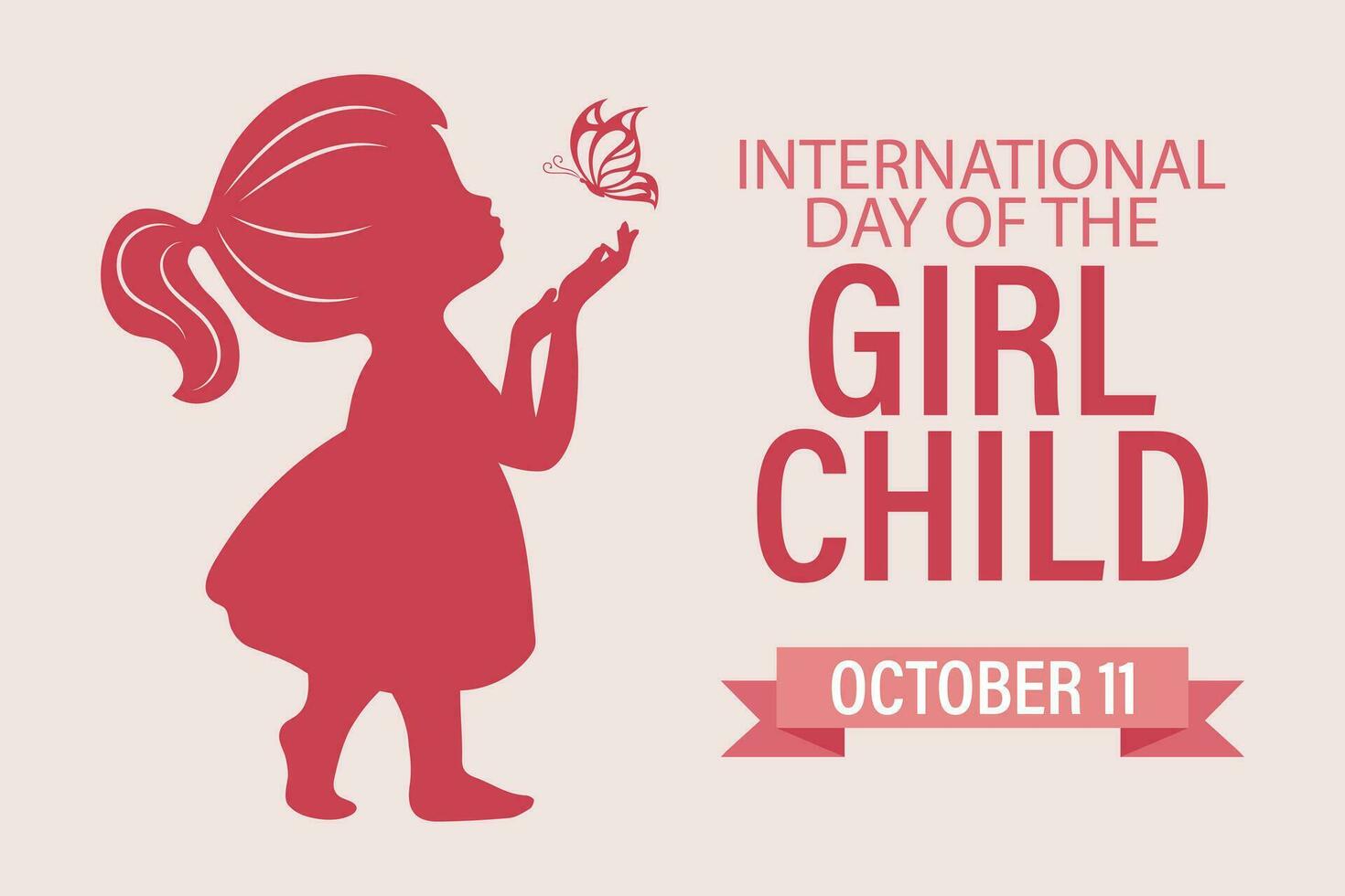 International Girl Child Day, October 11. Silhouette of a cute little girl with a butterfly. Illustration, poster, vector