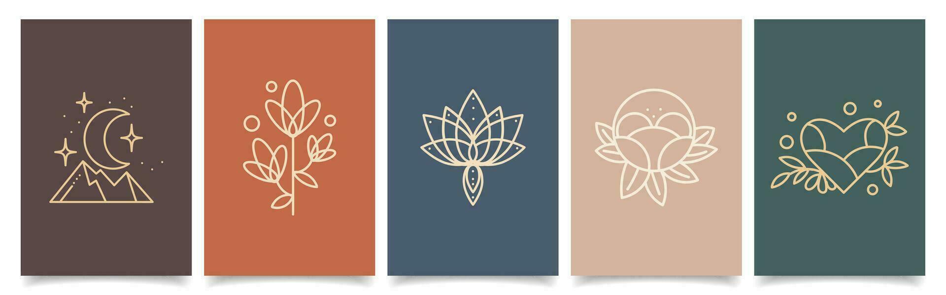 un conjunto de esotérico místico carteles con espiritual símbolos, luna, sol, estrellas, flores plantillas, tarot tarjetas, boho estilo. vector