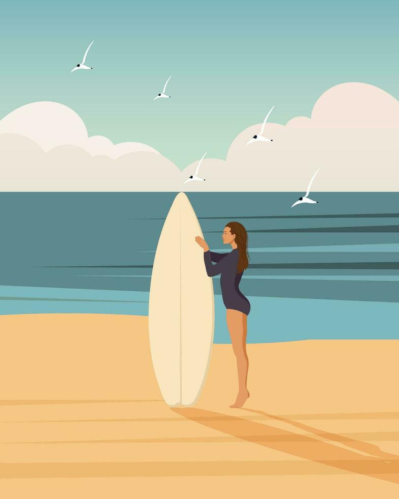 Girl surfer on the seashore with a surfboard against the backdrop of a seascape. Outdoor activities concept, poster, vector