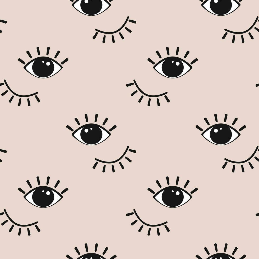 Seamless pattern, cartoon open and closed eyes with eyelashes. Print, background, vector