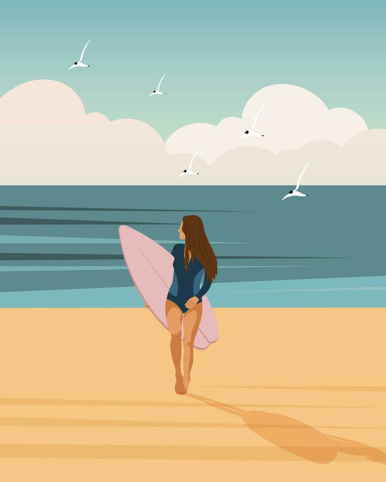Girl surfer on the seashore with a surfboard against the backdrop of a seascape. Outdoor activities concept, poster, vector