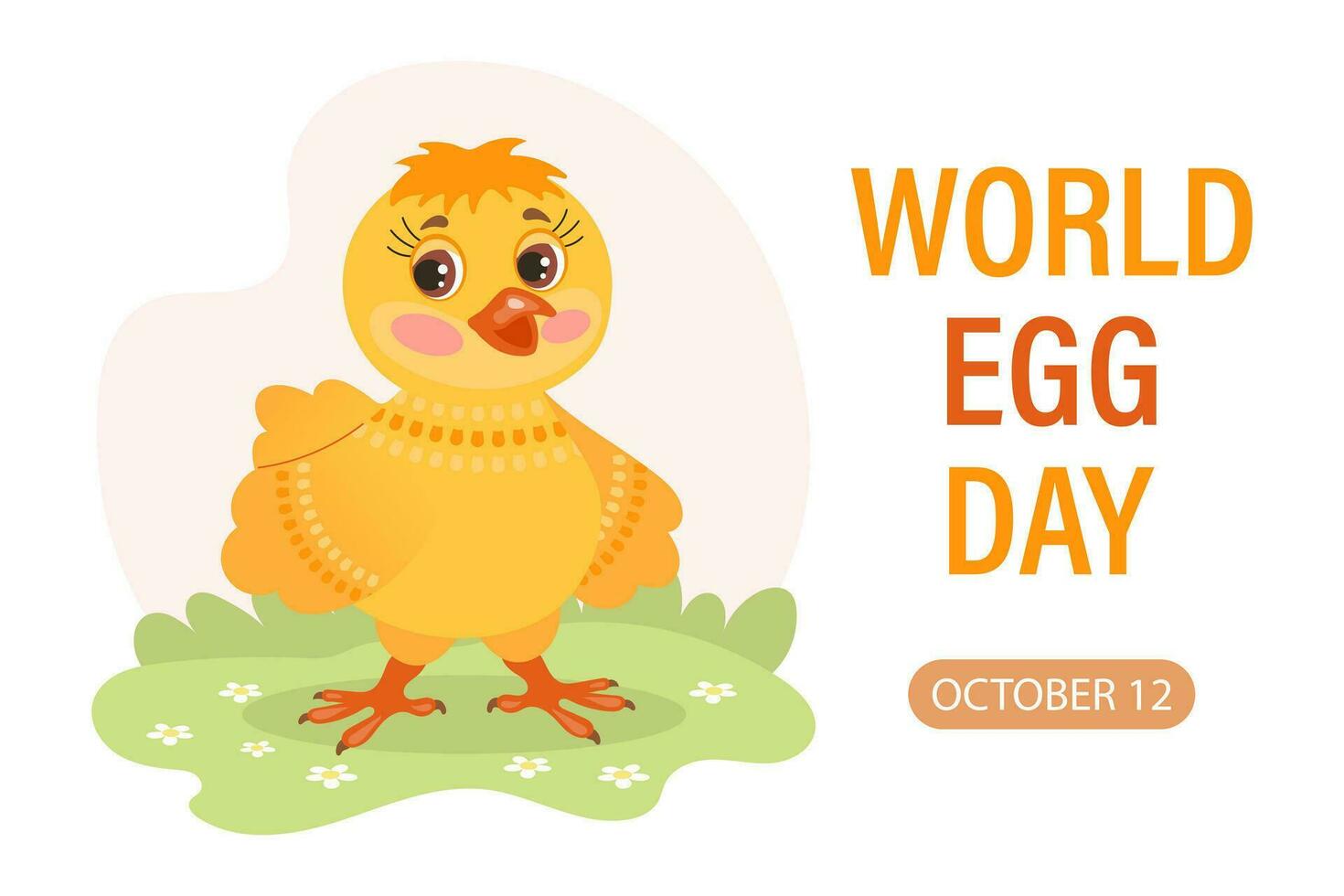 World Egg Day banner, 12 October. Cute cartoon chicken and text. Illustration, vector