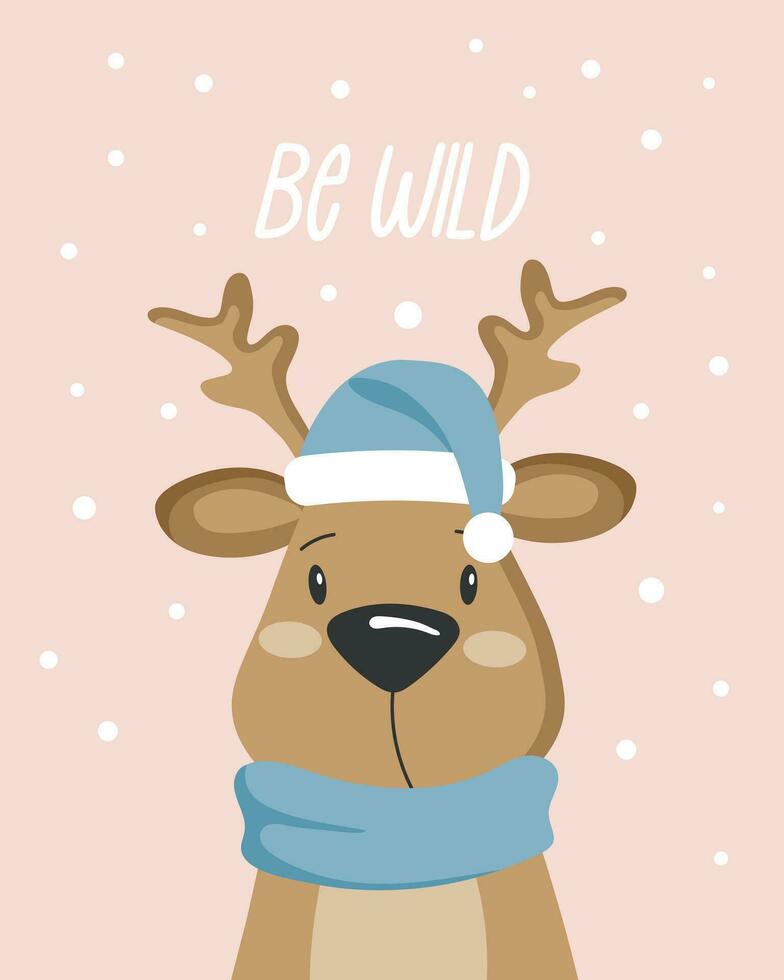 Cute little arctic animal kawaii fawn in scarf and hat and motivational text. Poster or postcard. Vector