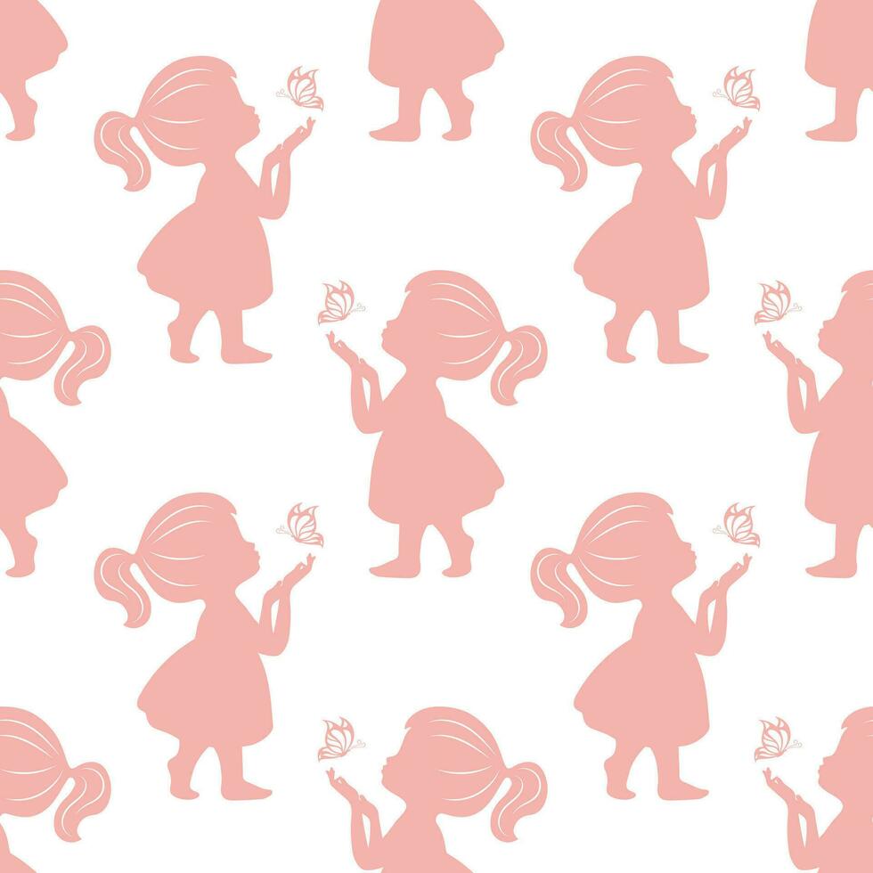 Seamless pattern, pink silhouettes of a cute little girl with a butterfly in her hands. Print, background, vector