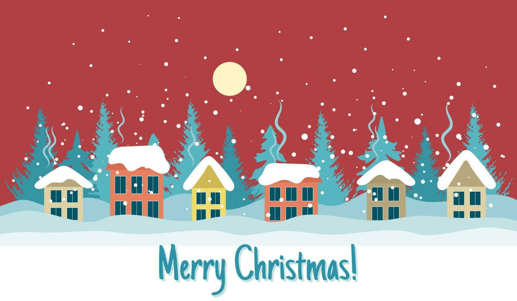 Winter landscape with cute houses, trees and night sky with moon, Merry Christmas greeting card template. Illustration in flat style. Vector