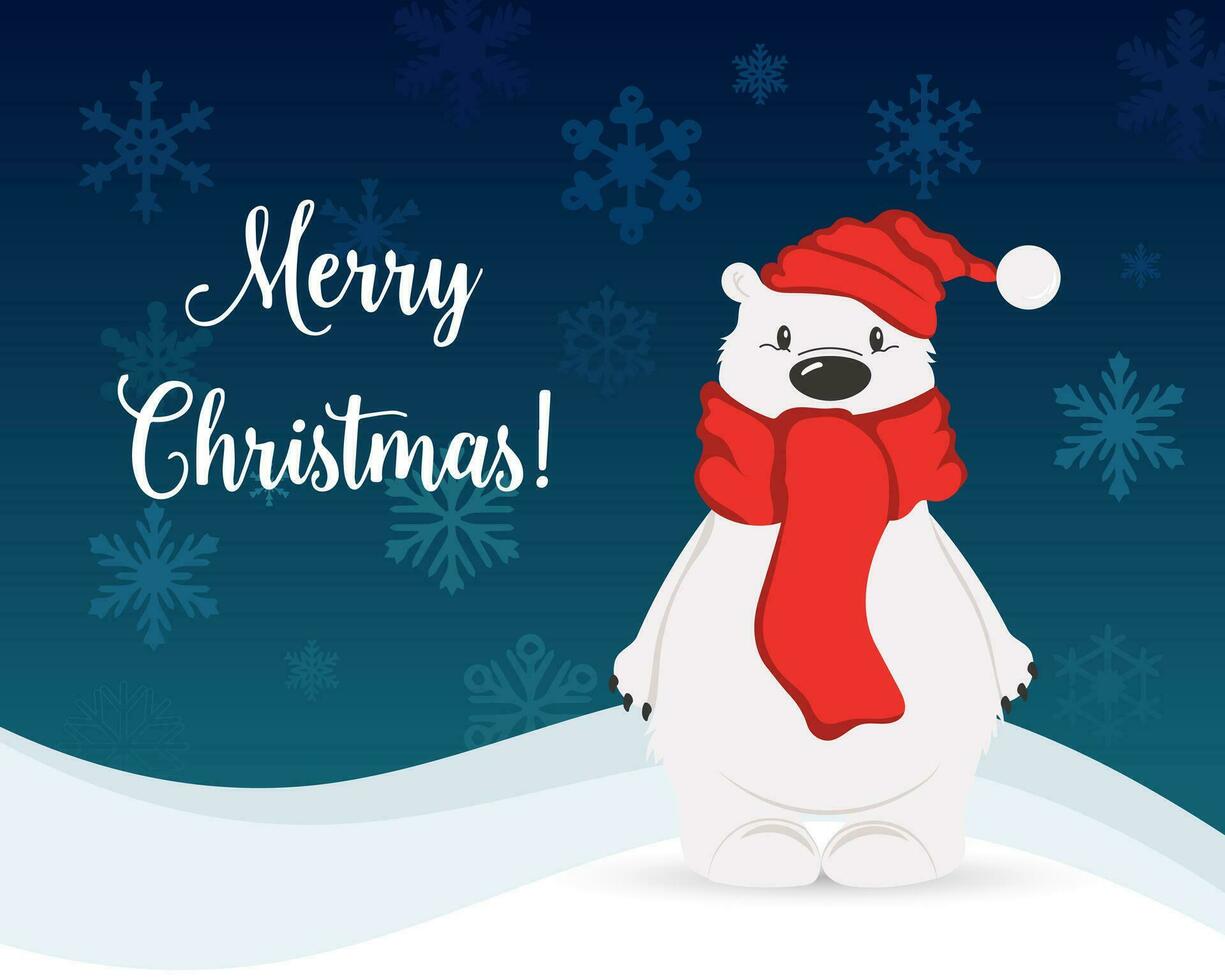 Merry Christmas greeting card, cute cartoon polar bear in a scarf and hat on a background of snowflakes. Print, vector