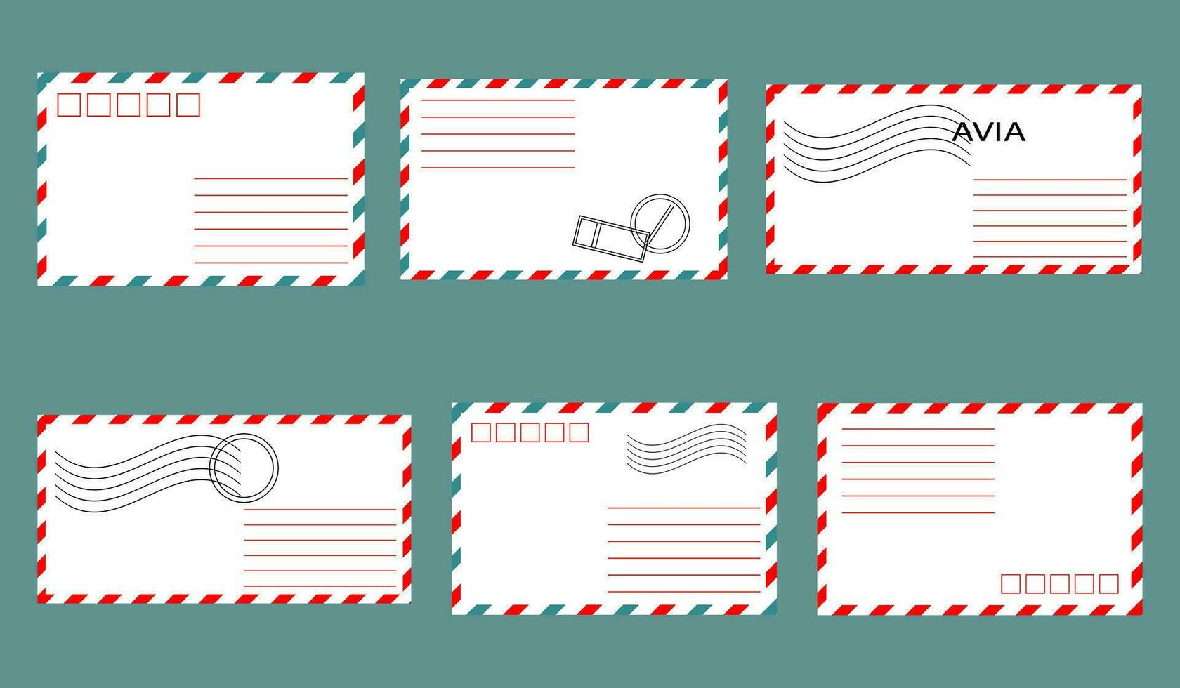 Set of postal envelopes with stamps. Illustration, design elements, vector