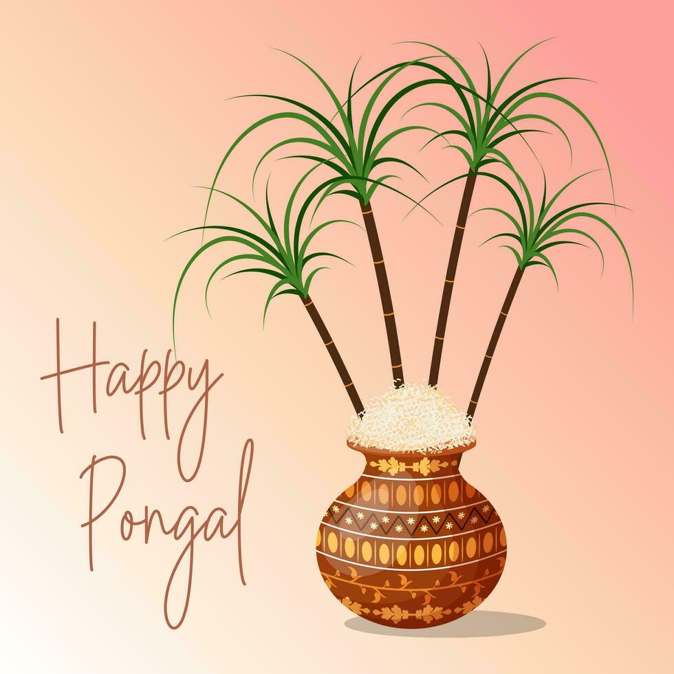 Festive Happy Pongal background with sugar cane and pot of rice. Hindu harvest festival. Illustration, vector