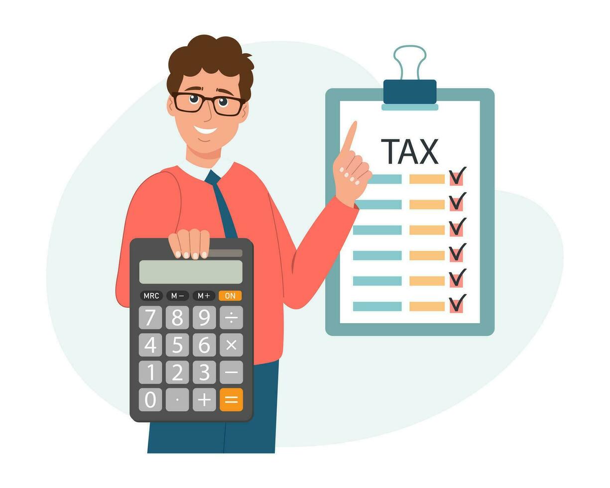 Man with calculator and tax form. Tax payment concept. Financial tax accounting, audit or accounting services. Cartoon illustration. Vector