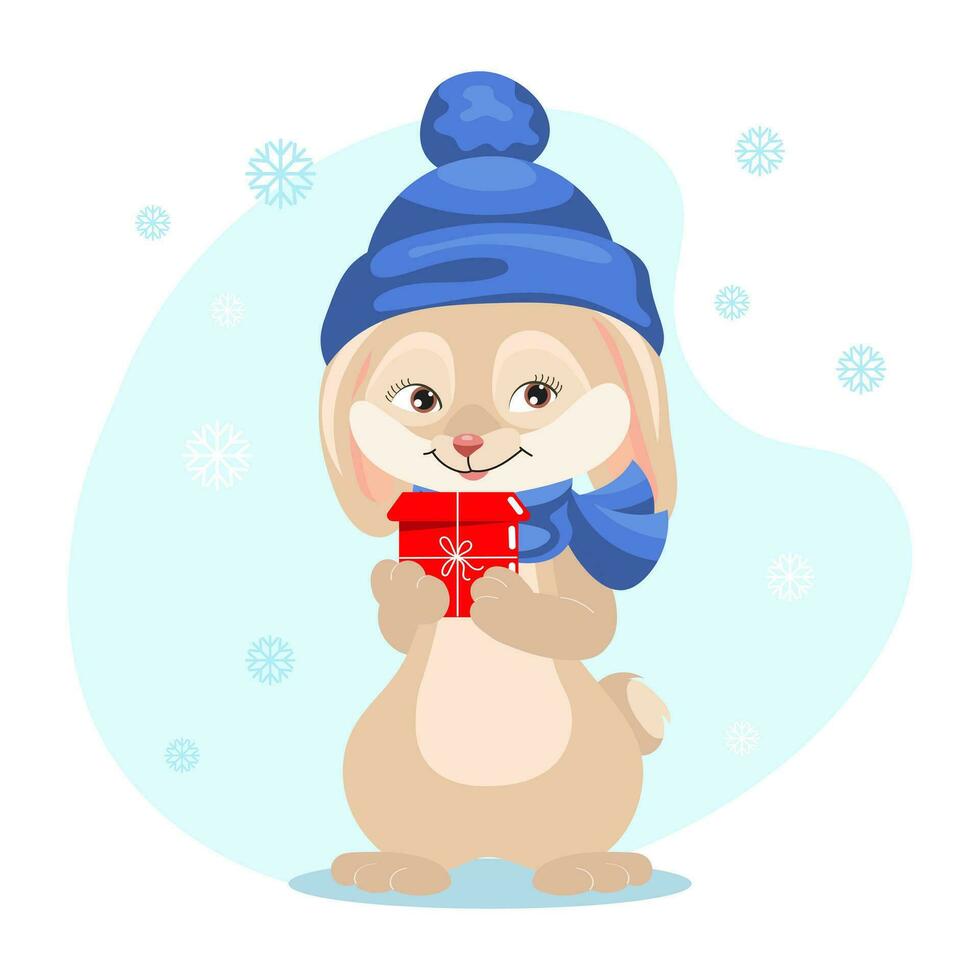 Cute bunny in a hat and scarf with a gift on the background of snowflakes. Christmas illustration, kids print, vector