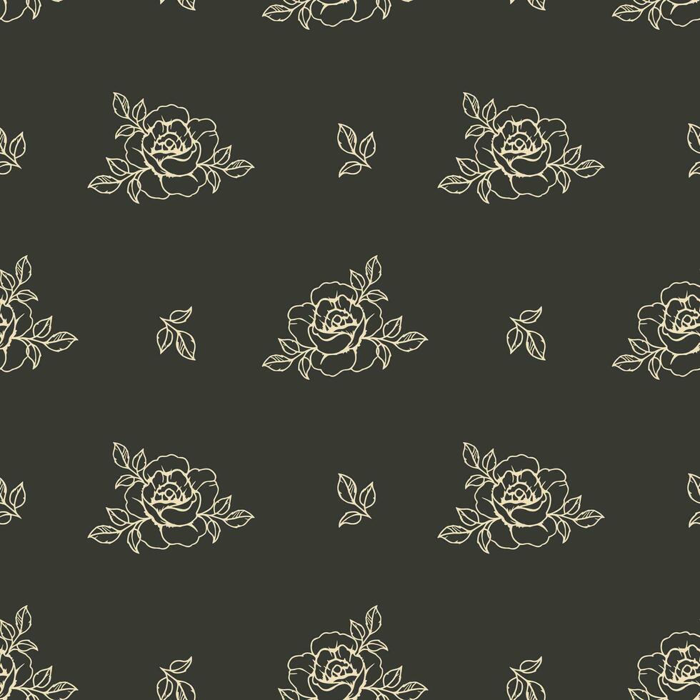 Seamless pattern, golden contour rose flowers on a dark background. Print, floral background, textile. Vector