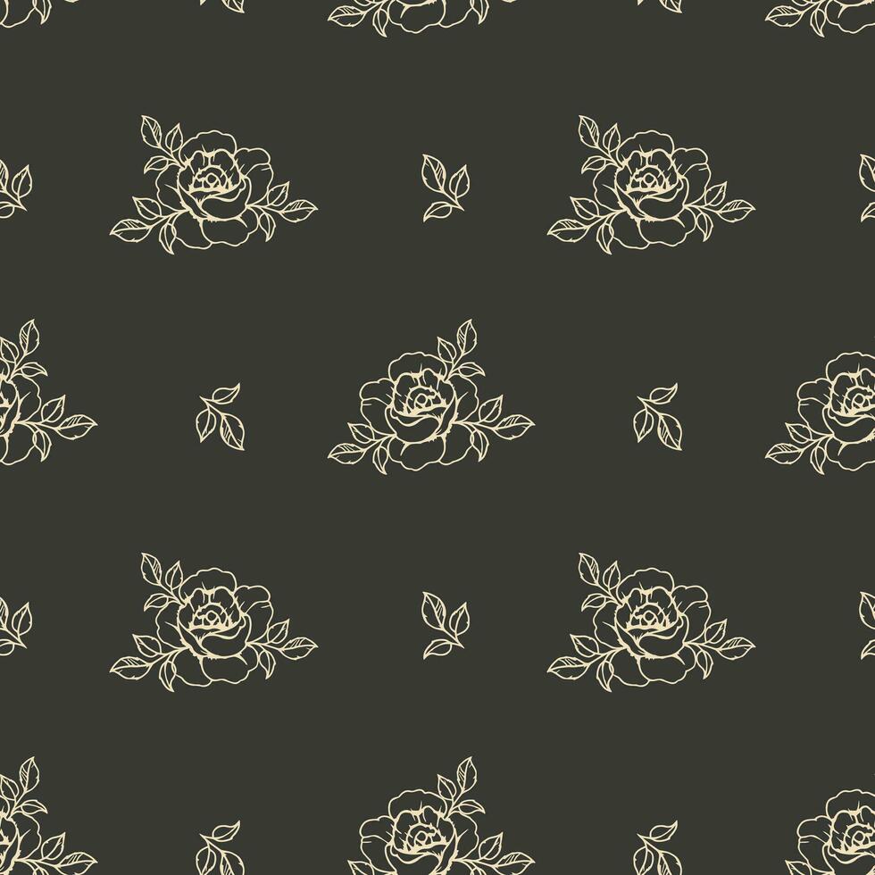 Seamless pattern, golden contour rose flowers on a dark background. Print, floral background, textile. Vector