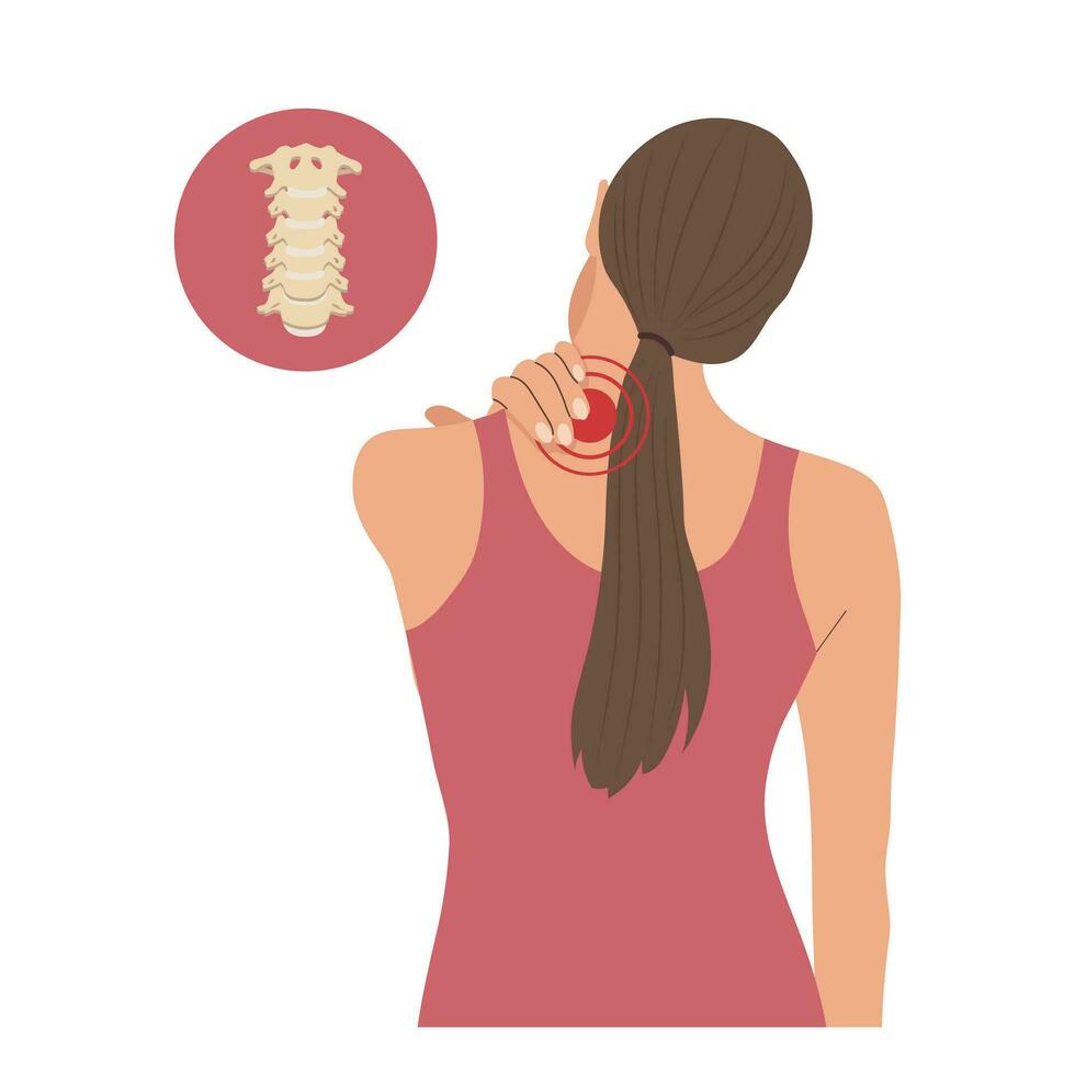 Woman with pain in the cervical and lumbar vertebrae. Back pain, muscle pain, osteoarthritis, rheumatoid arthritis. Medicine. Illustration, vector