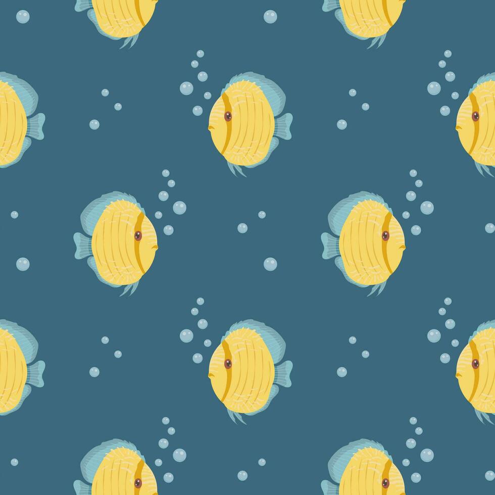 Seamless pattern, cute cartoon kawaii zebrafish and bubbles in the water. Background, children's print, vector