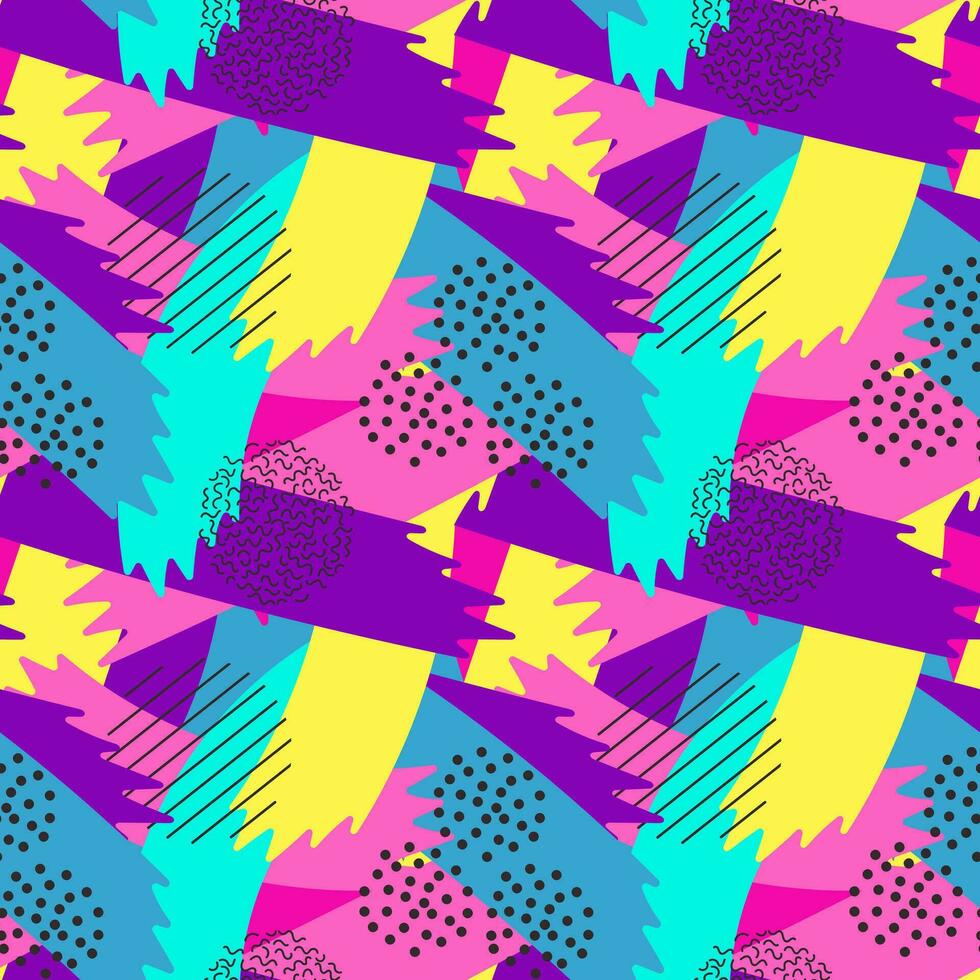 Multicolor abstract seamless pattern, vibrant shapes and geometric dot patterns. Trendy design 80s-90s style, ethnic hipster background. Vector